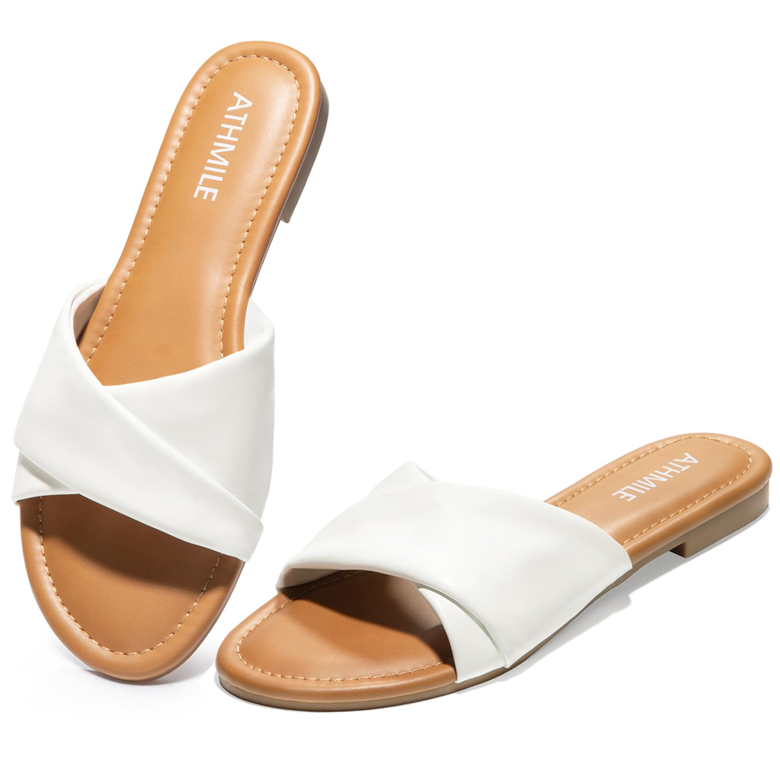 ATHMILE Sandals for Women 2026 Dressy Summer Flat Comfortable Fashion Beach Cute Ladies Slides Leather Casual Dress Women's Sandals Size 6-11