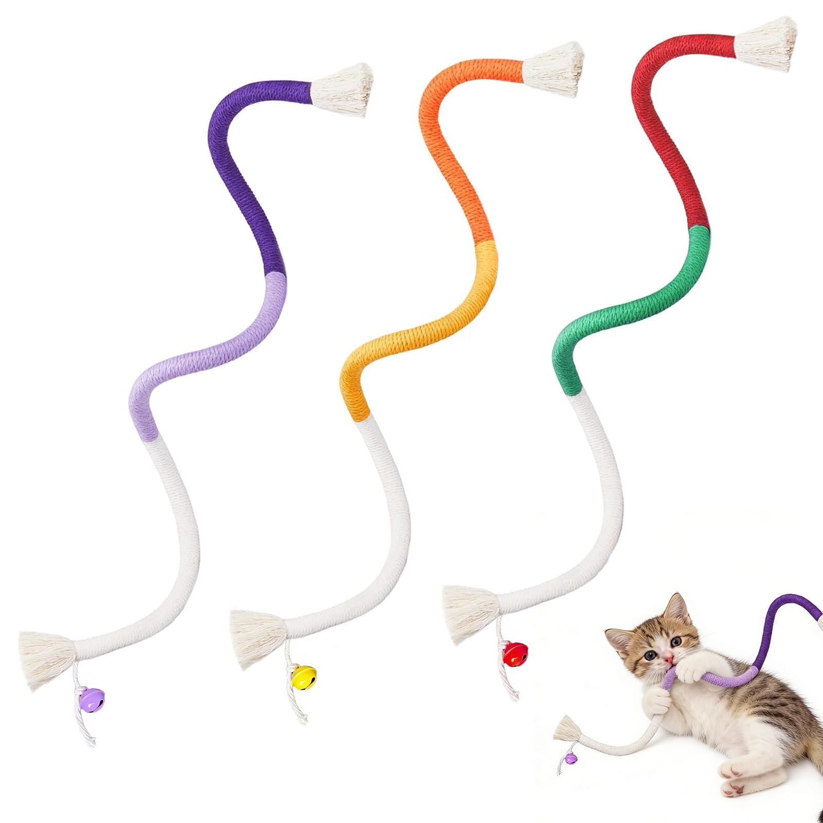 Shudyear 3 Pack Cat Chew Rope Toys with Bell for Indoor Cats, Cotton Cat Rope Toy for Biting and Kicking, Cat Biting Toys for Interactive Play and Teeth Cleaning