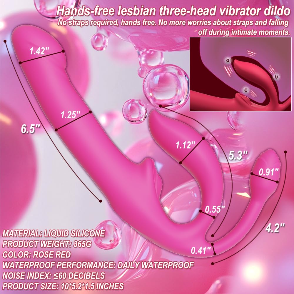Heuceo Female 4 Points Vibrating Strapless Strap On Inflate Dildo Sex Toys, Triple Headed G-spot Vibrator with 12 Vibration & 3 Frequency Thrust for Lesbians Women, Anal Plug Pleasure Adult Toy & Game