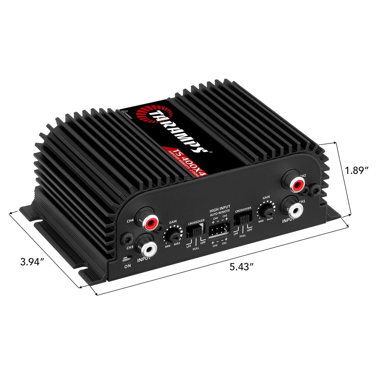 Taramps TS 400x4 2 Ohms Black Multichannel Stereo Amplifier 400 Watts Rms, 4 Channels, Full Range, Car Audio Digital 2 Bridged Channel, Crossover High/Low Pass, with RCA and Automatic High Level Input