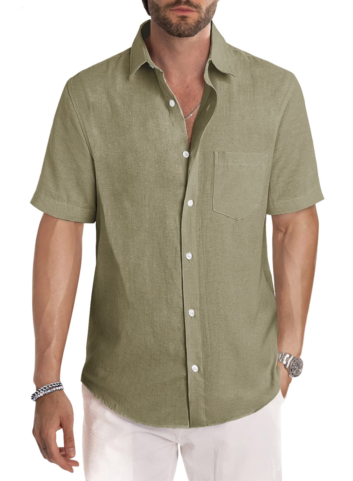 JMIERR Men's Casual Stylish Short Sleeve Button-Up Striped Dress Shirt Cotton Beach Shirts