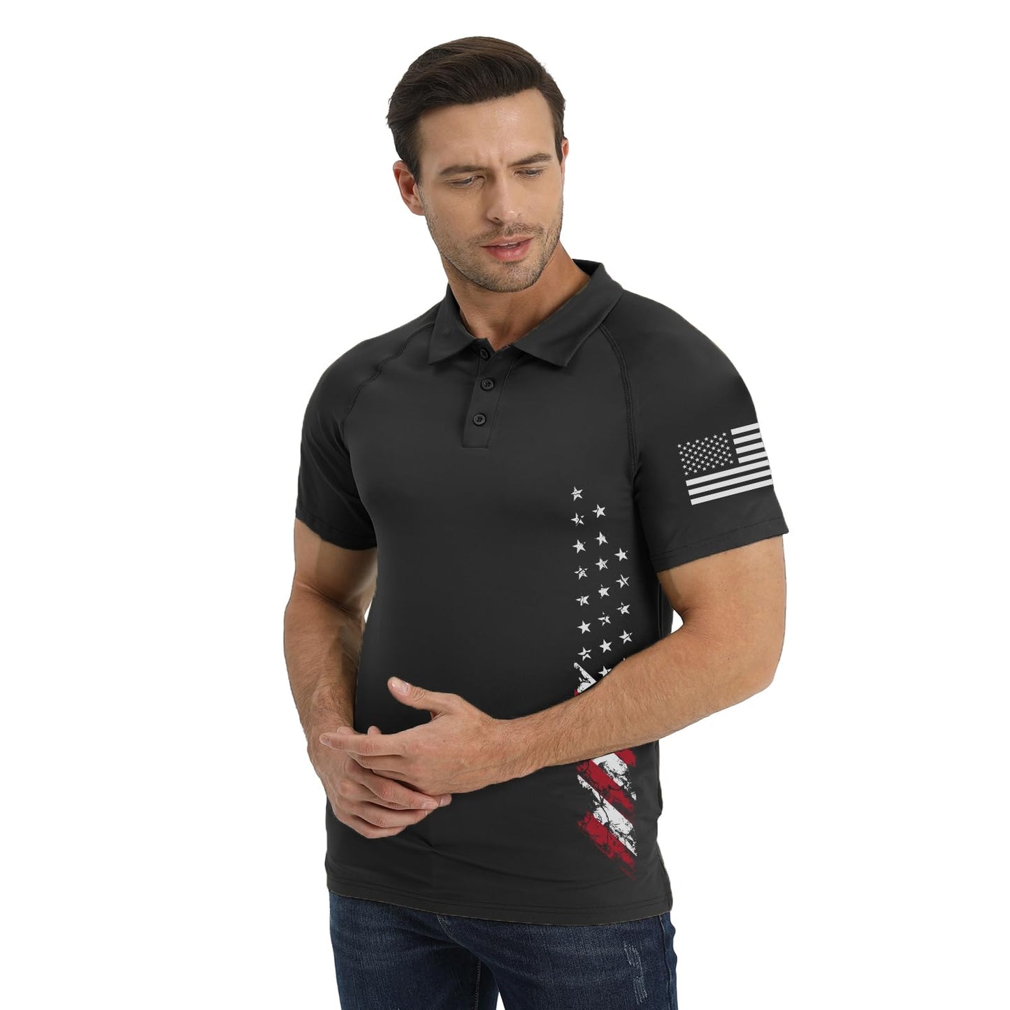 H HYFOL Short Sleeve Polo Shirts for Men Graphic Stretch Casual American Patriotic Raglan Golf Polos for Men