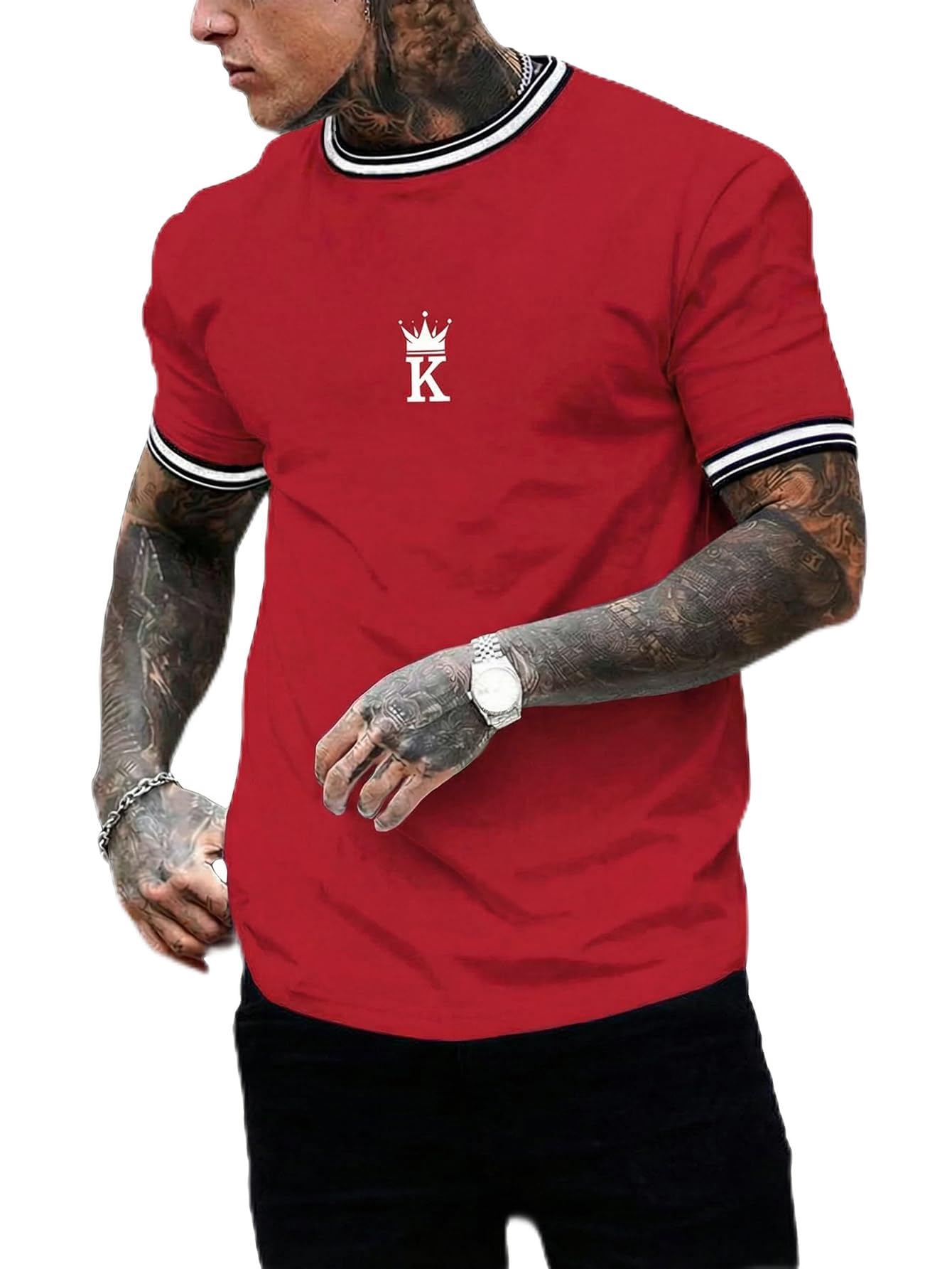 SOLY HUX Men's Crown Letter Print Striped Trim Tee Tops Short Sleeve Crew Neck Summer T Shirt
