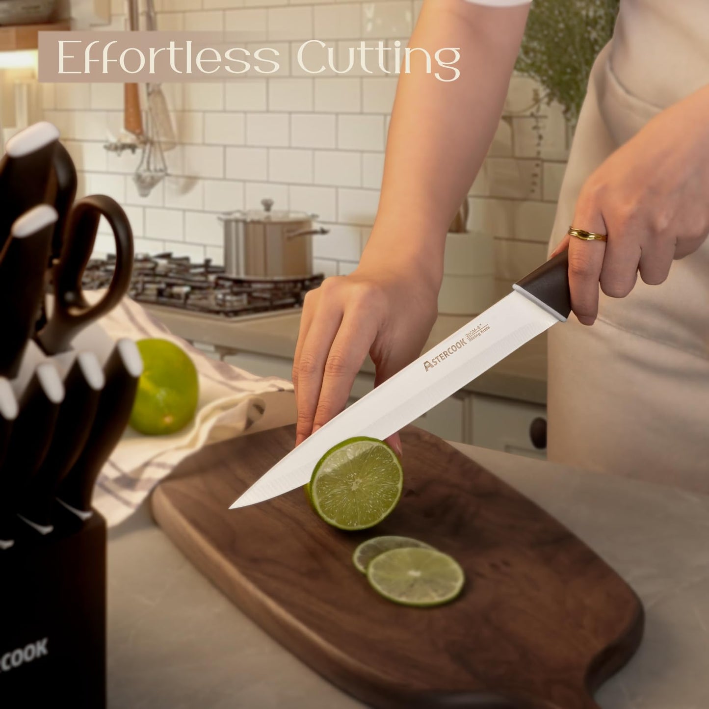 Astercook Knife Set Kitchen with Block and Sharpener 15 Pcs German Stainless Steel Knives Sharp Blade Dishwasher Safe Kitchen Utensils Set Deba Knives with Anti-slip Ergonomic Handle