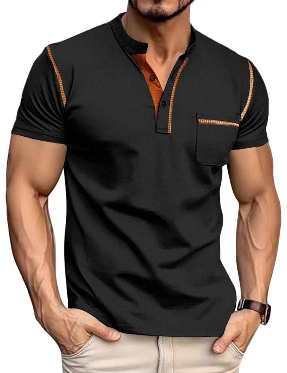 QOSOQ Men's Henley Shirt Short Sleeve T-Shirt Casual Top Pullover Summer Lightweight Tee Shirts with Button