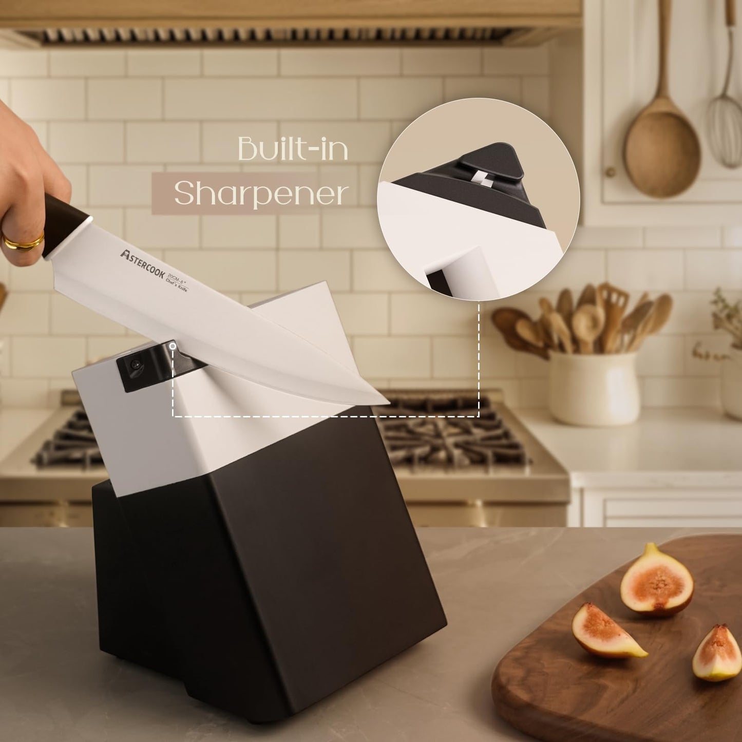 Astercook Knife Set Kitchen with Block and Sharpener 15 Pcs German Stainless Steel Knives Sharp Blade Dishwasher Safe Kitchen Utensils Set Deba Knives with Anti-slip Ergonomic Handle