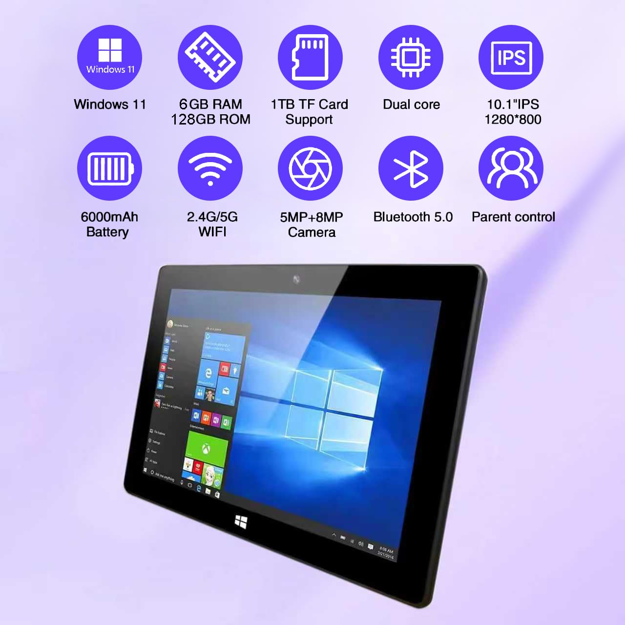 SZTPSLS 10 Inch Windows 11 Tablet, 6GB RAM 128GB ROM, 1280x800 IPS Screen, Dual Band 5G WiFi, Bluetooth, 5MP+2MP Camera, 6000mAh Ultra Slim Portable Tablet