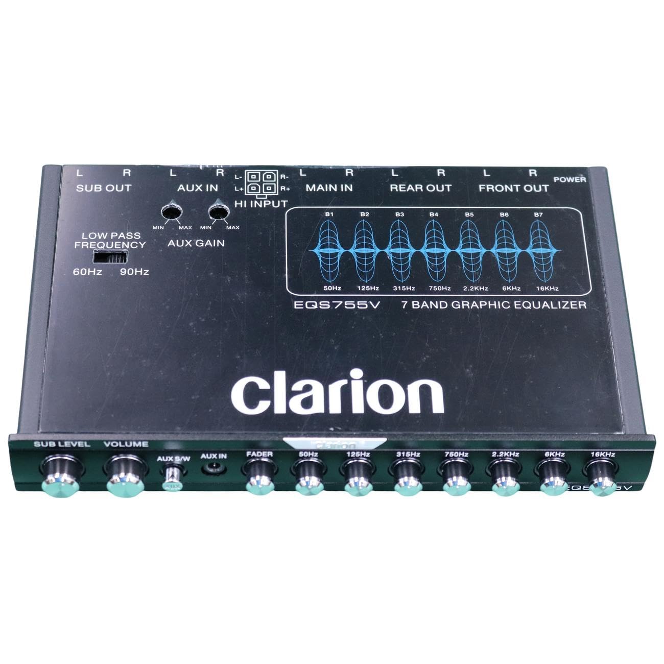 Clarion EQS755V 7-Band Car Audio 1/2-DIN Size Car Graphic Equalizer/Crossover with Front 3.5mm Auxiliary Input, Rear RCA Auxiliary Input and High Level Speaker Inputs