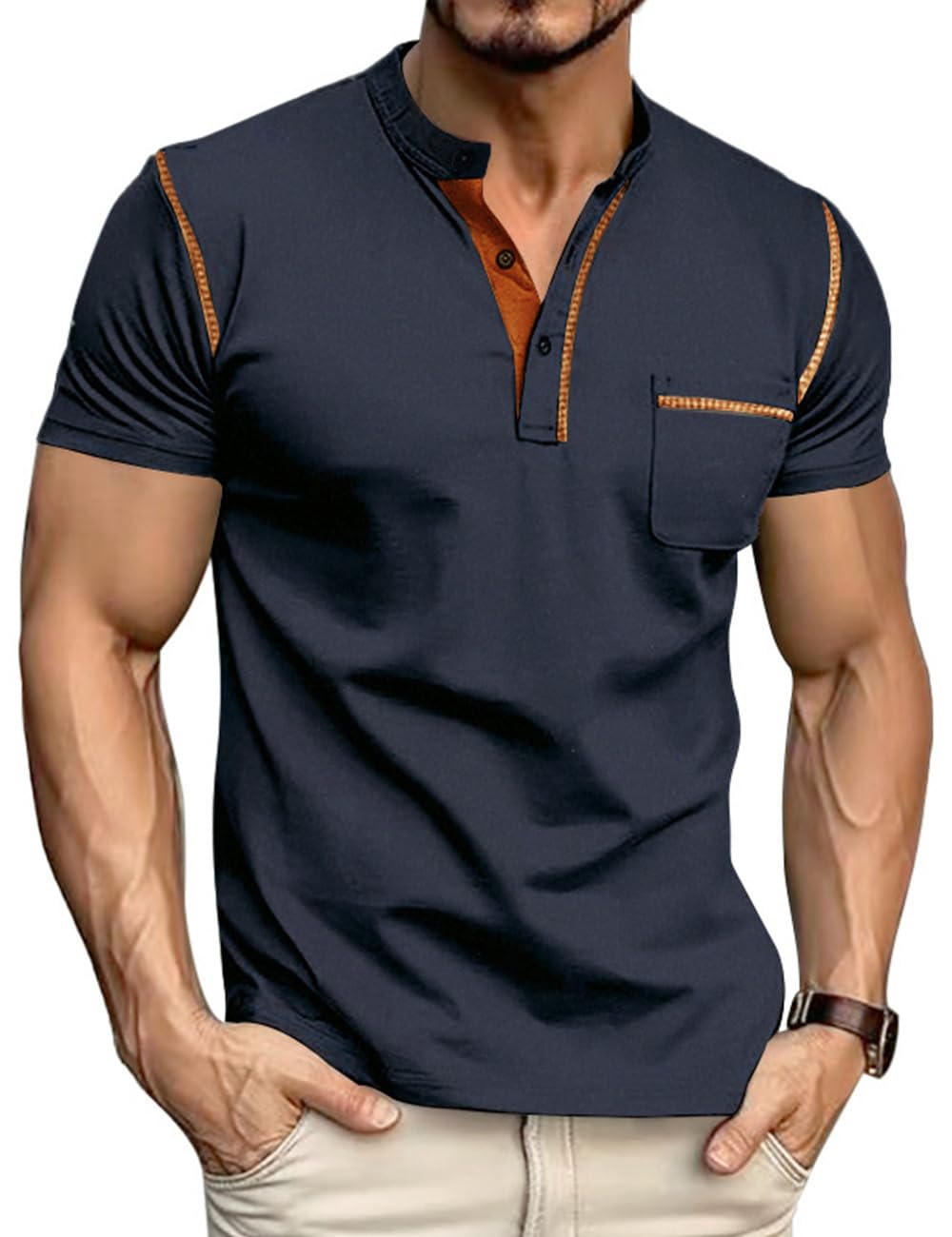 QOSOQ Men's Henley Shirt Short Sleeve T-Shirt Casual Top Pullover Summer Lightweight Tee Shirts with Button