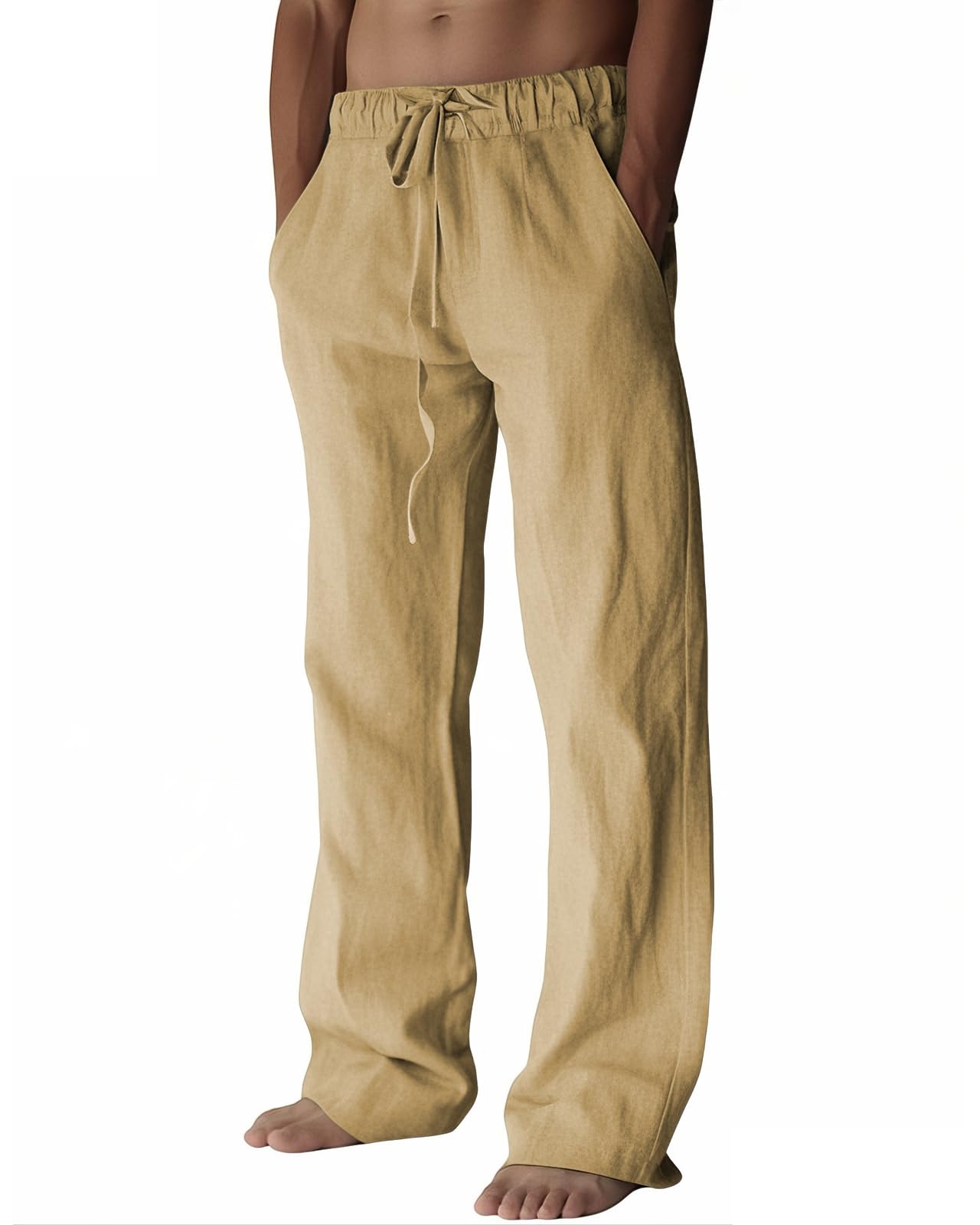 PIDOGYM Mens Cotton Linen Pants, Summer Beach Pants Casual Loose Fit with Elastic Waist Drawstring