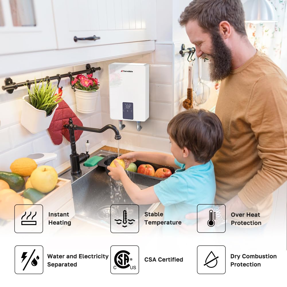 ThermoMate Tankless Water Heater Electric 240 Volt, On Demand Instant Hot Water Heater for Point of Use, Self-Modulating Save Energy, Save Space