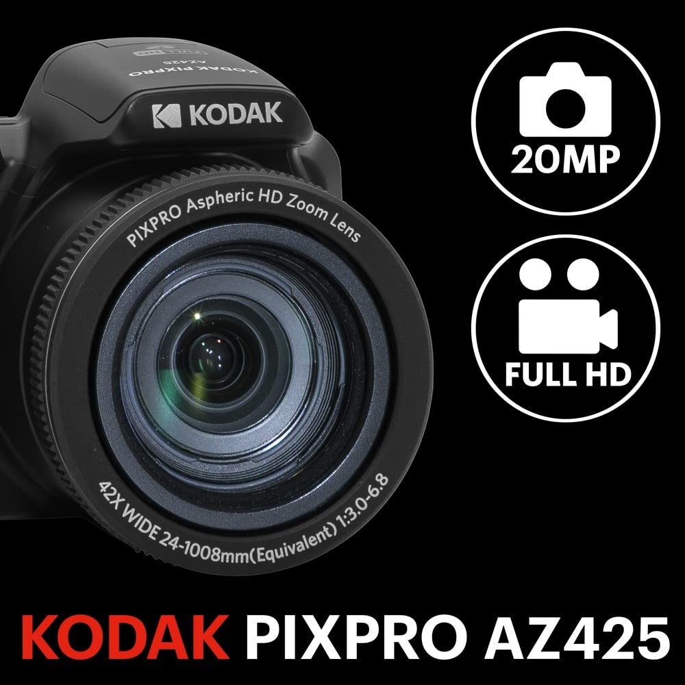 Kodak PIXPRO AZ425 20MP Digital Camera 42X Optical Zoom 24mm Wide Angle Lens 1080P Full HD Video Optical Image Stabilization Li-Ion Battery 3" LCD Vlogging Camera