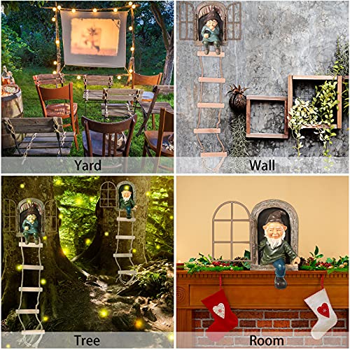 Thyle 4 Pieces Garden Gnomes Outdoor Tree Hugger Gnome Fairy Statue Elf Out The Door Resin Figurine Hanging Ladder Decoration Tree Faces Decor Outdoor for Patio Yard Lawn