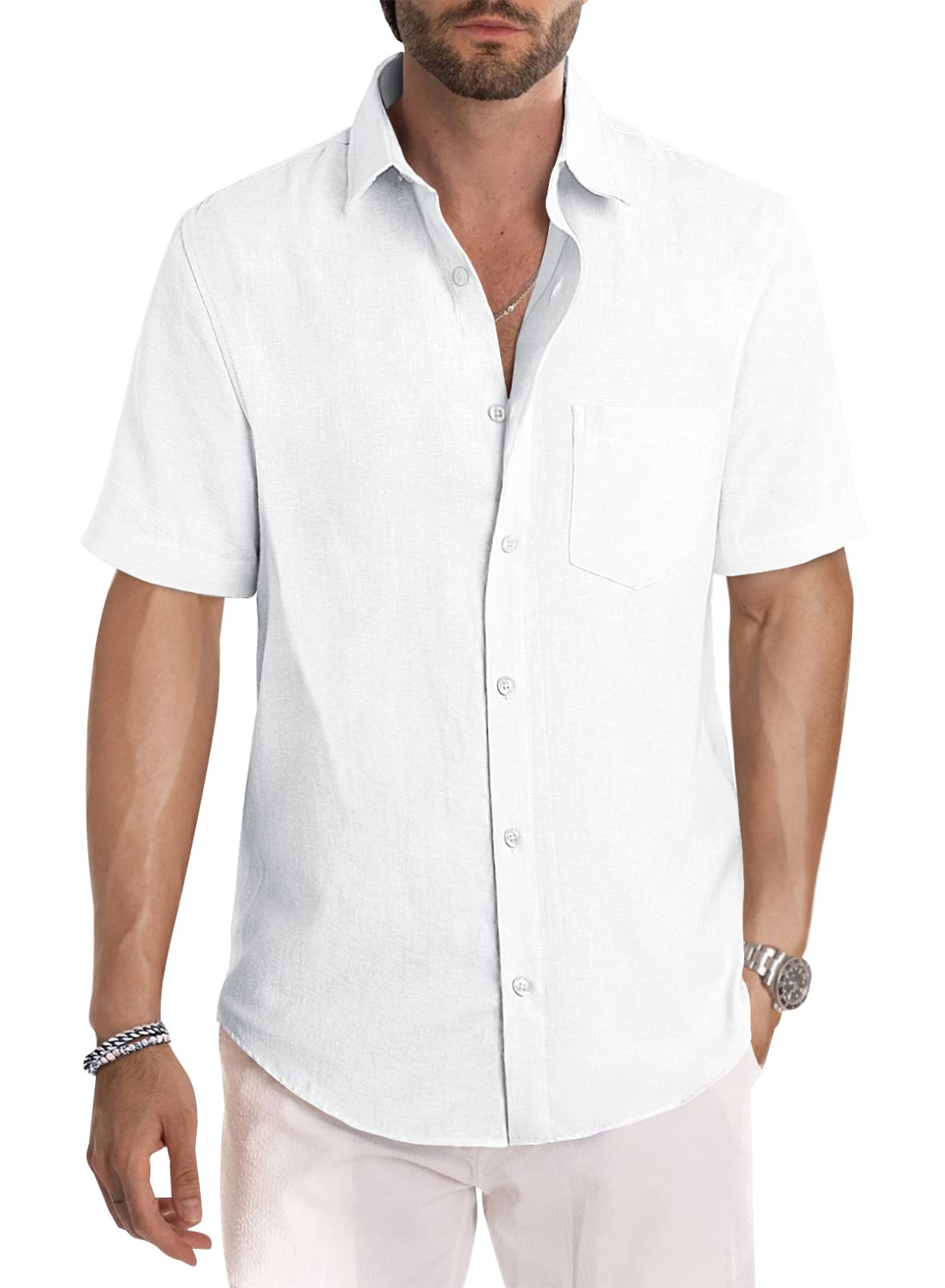JMIERR Men's Casual Stylish Short Sleeve Button-Up Striped Dress Shirt Cotton Beach Shirts
