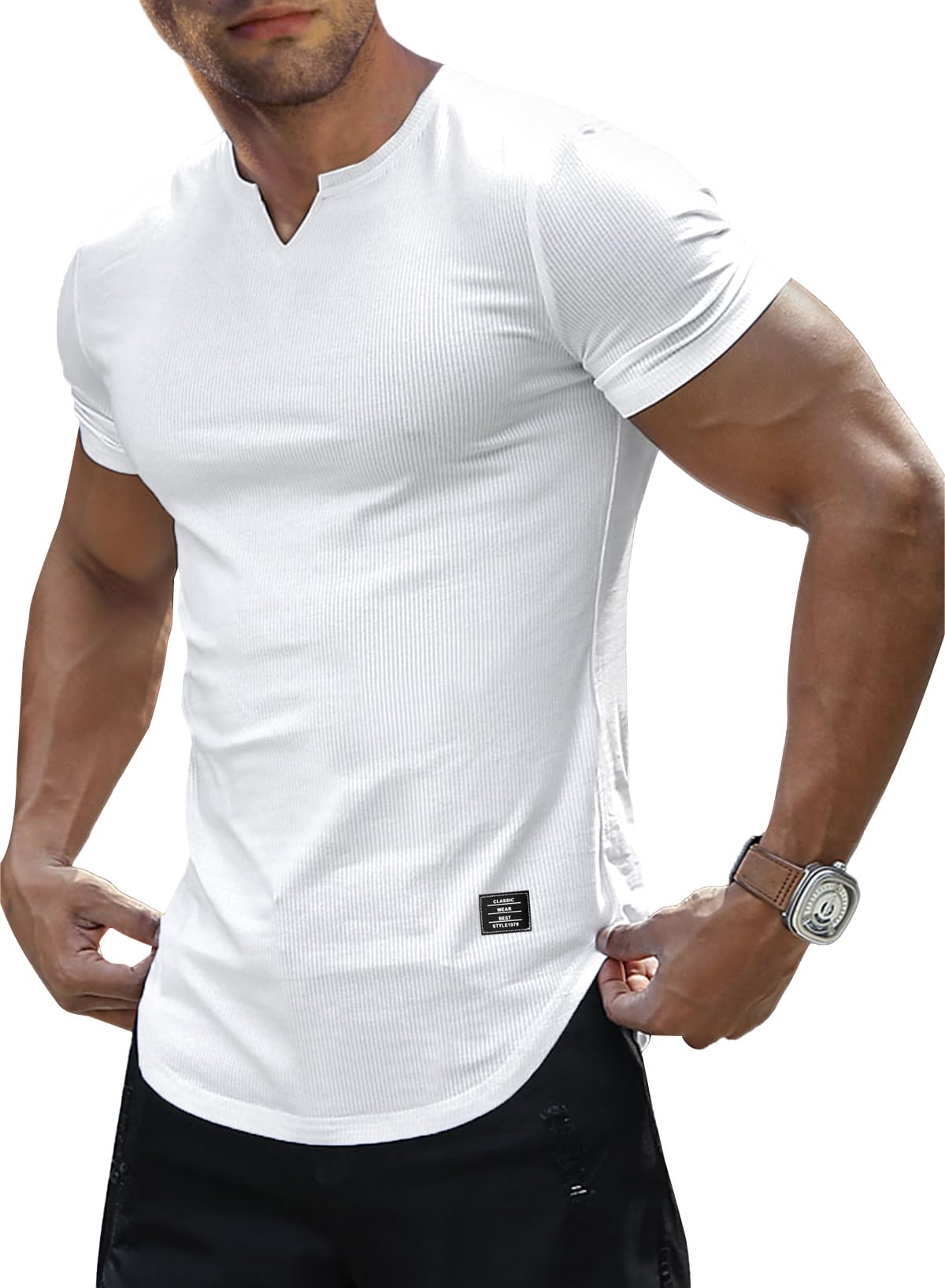 JMIERR Mens Muscle Slim T Shirts Texture V Neck Longline Henley Gym Workout Athletic Tee Shirt