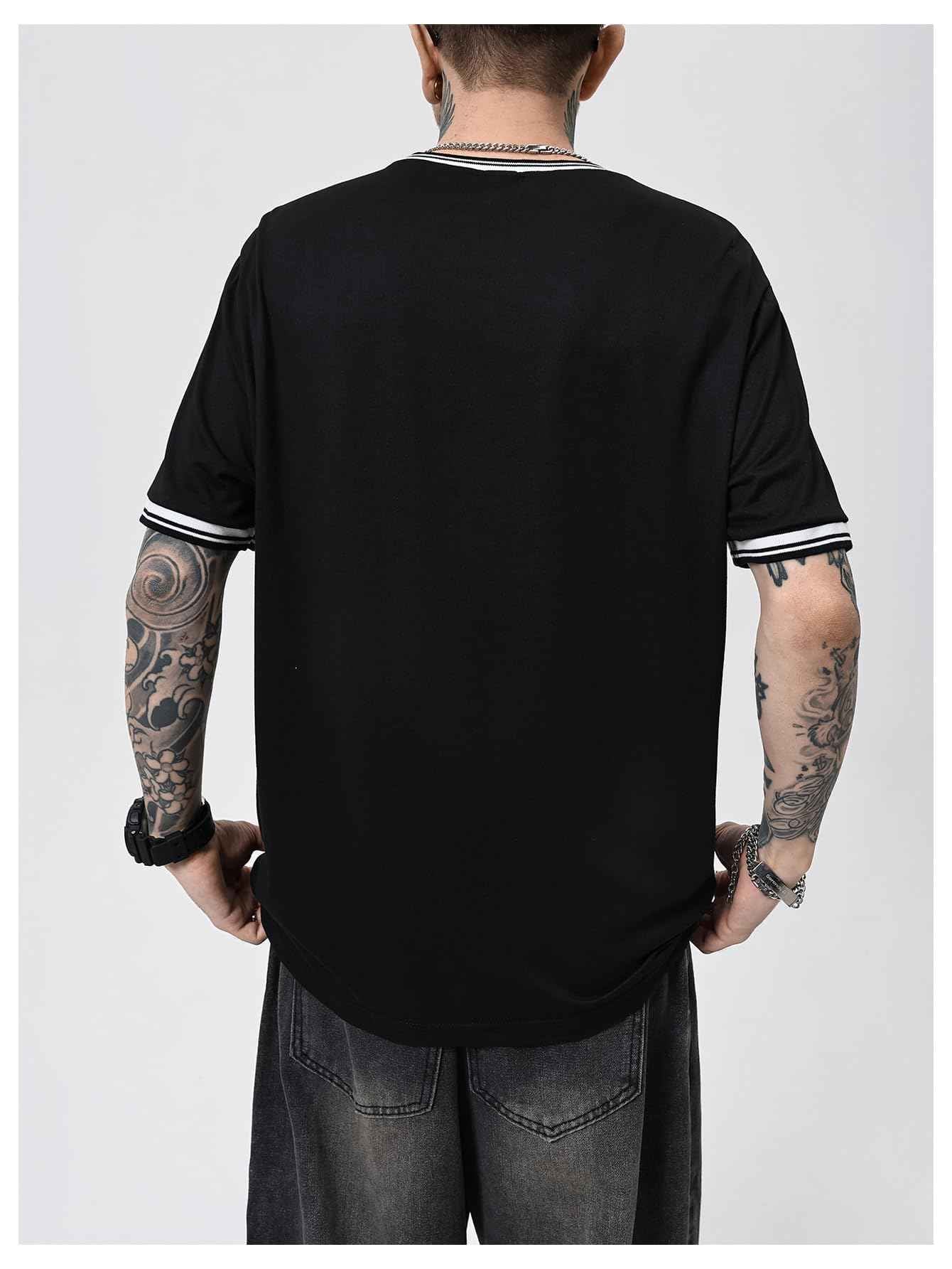 SOLY HUX Men's Crown Letter Print Striped Trim Tee Tops Short Sleeve Crew Neck Summer T Shirt