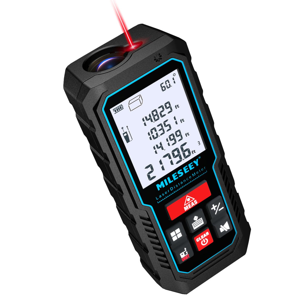 Laser Measure Device, MiLESEEY Digital Laser Tape Measure with Upgrade Electronic Angle Sensor, 2mm Accuracy, Area Measurement,Volume and Pythagoras, 2" LCD Backlit,Mute, Battery Included