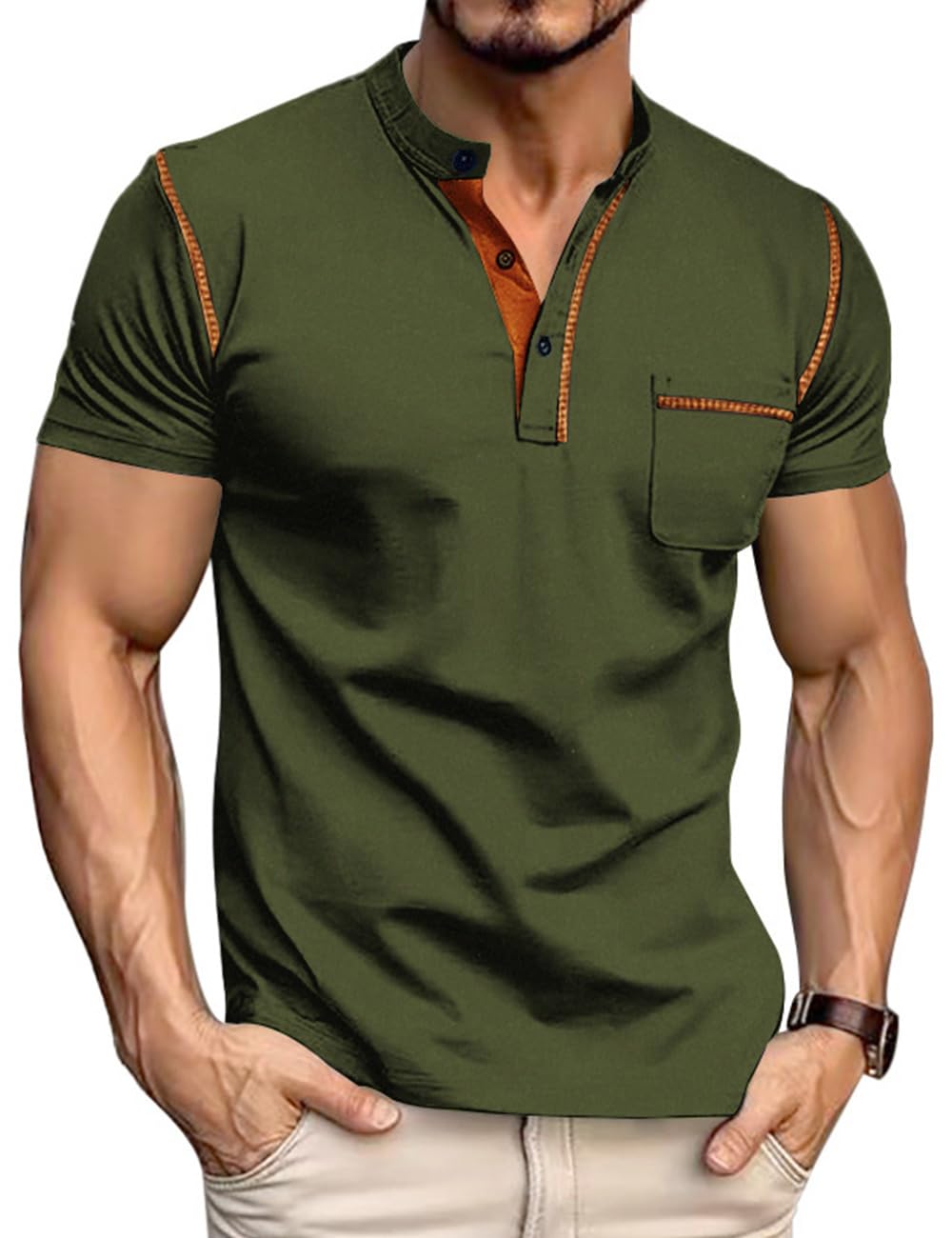 QOSOQ Men's Henley Shirt Short Sleeve T-Shirt Casual Top Pullover Summer Lightweight Tee Shirts with Button
