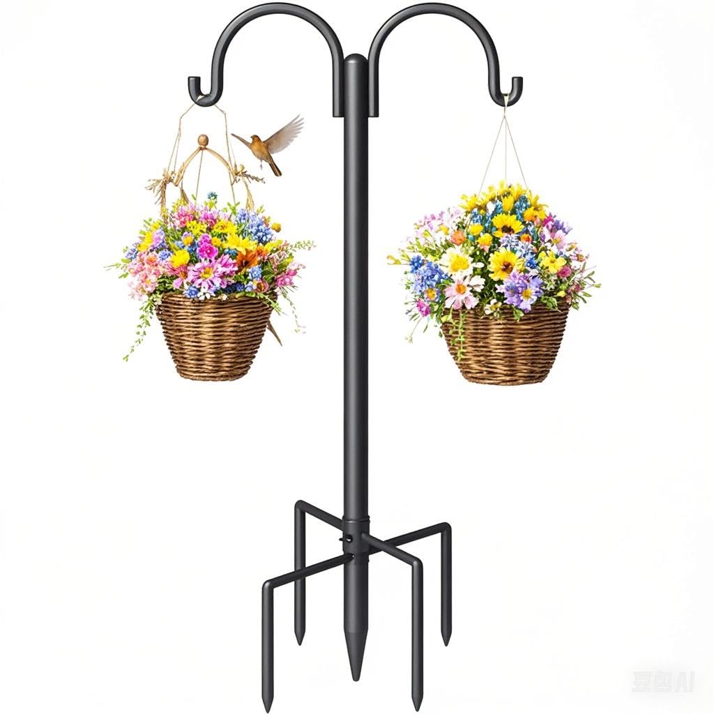 Surprizo Double Shepherds Hooks for Outdoor, Heavy Duty Bird Feeder Pole with 5-Prong Base - Rust-Proof, Adjustable Bird Feeder Hanger for Garden, Wedding Decor & Hanging Plants