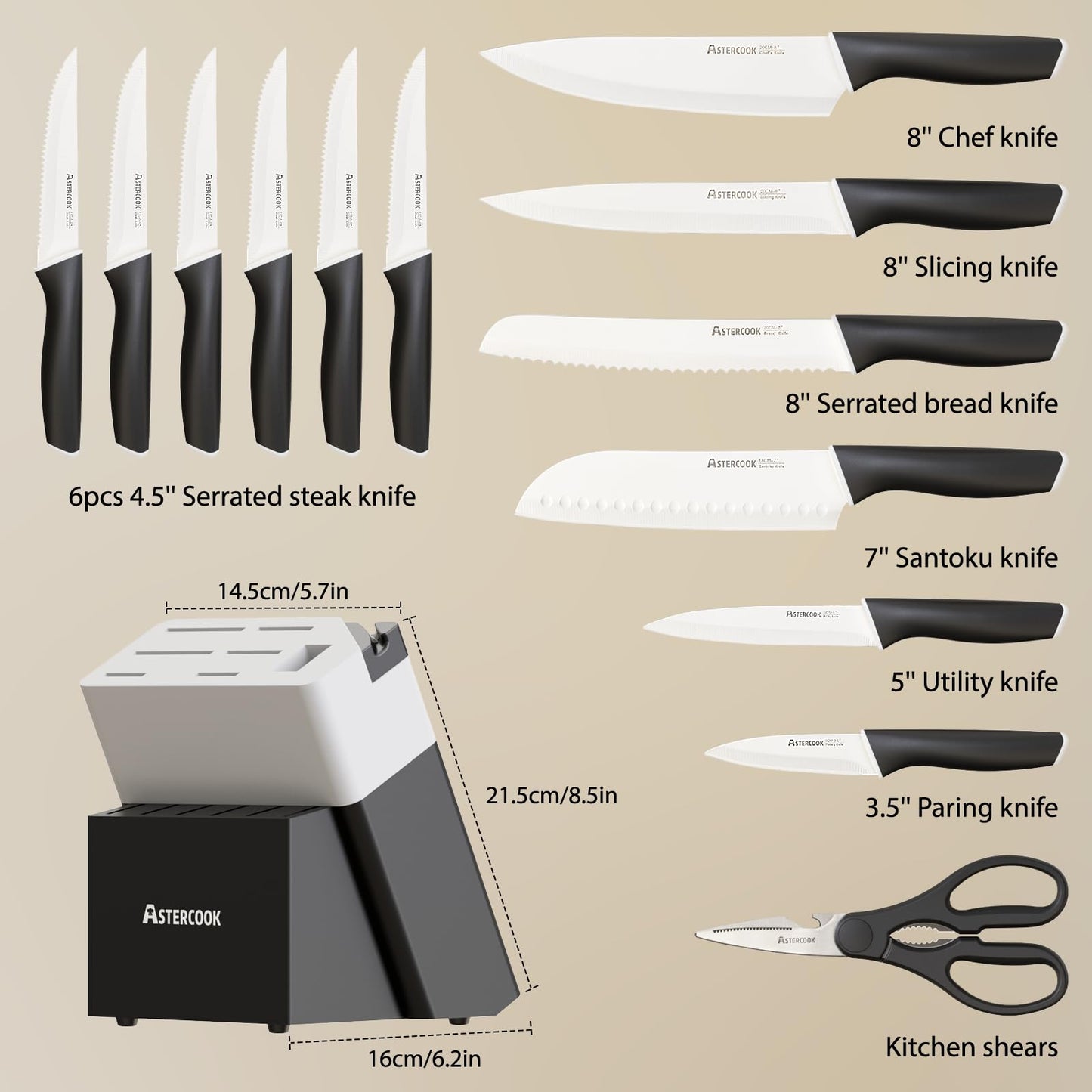 Astercook Knife Set Kitchen with Block and Sharpener 15 Pcs German Stainless Steel Knives Sharp Blade Dishwasher Safe Kitchen Utensils Set Deba Knives with Anti-slip Ergonomic Handle