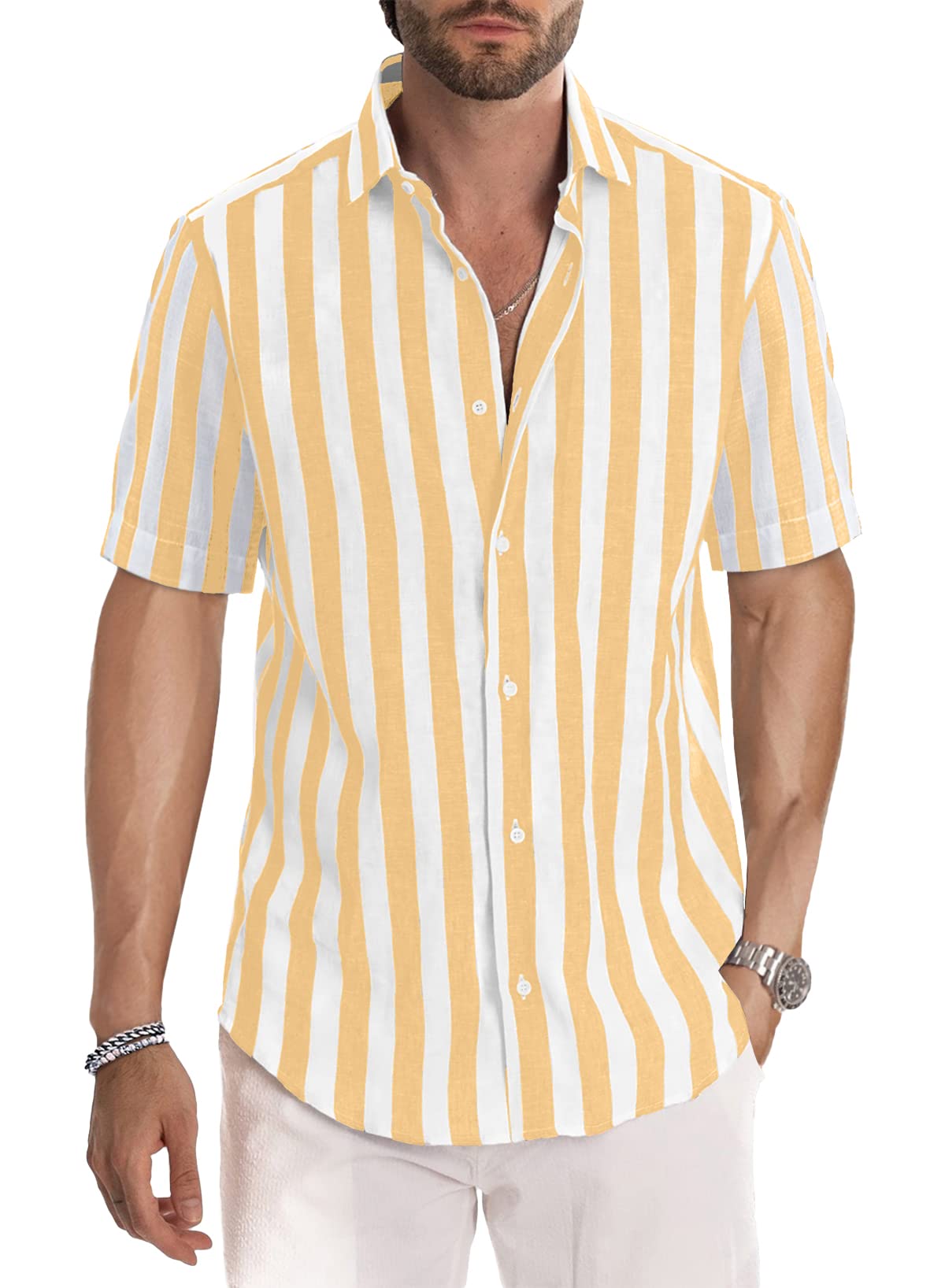 JMIERR Men's Casual Stylish Short Sleeve Button-Up Striped Dress Shirt Cotton Beach Shirts
