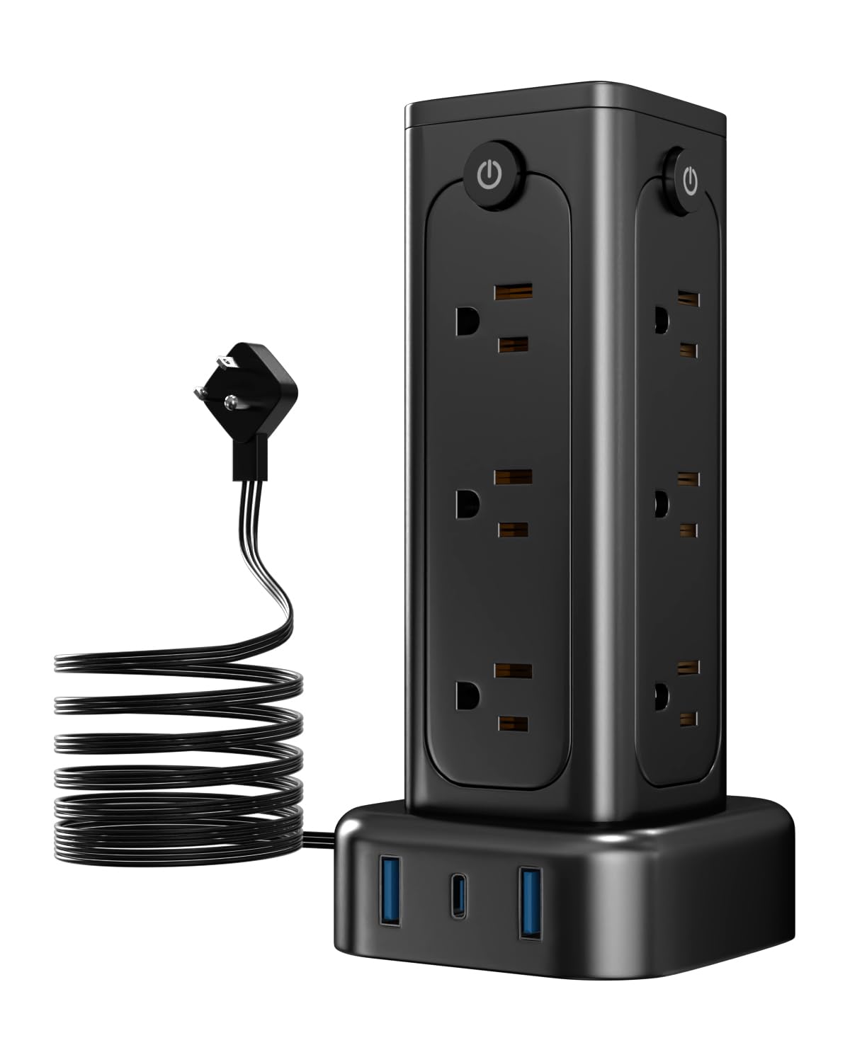 BEVEWLPOL 1250Watt Household Charging Station Vertical Power Strip 4-Sided with 12 AC Outlets&3 USB Ports,Independent Switch, 2M Long Cable, Space-Saving for Home, Office (Black)