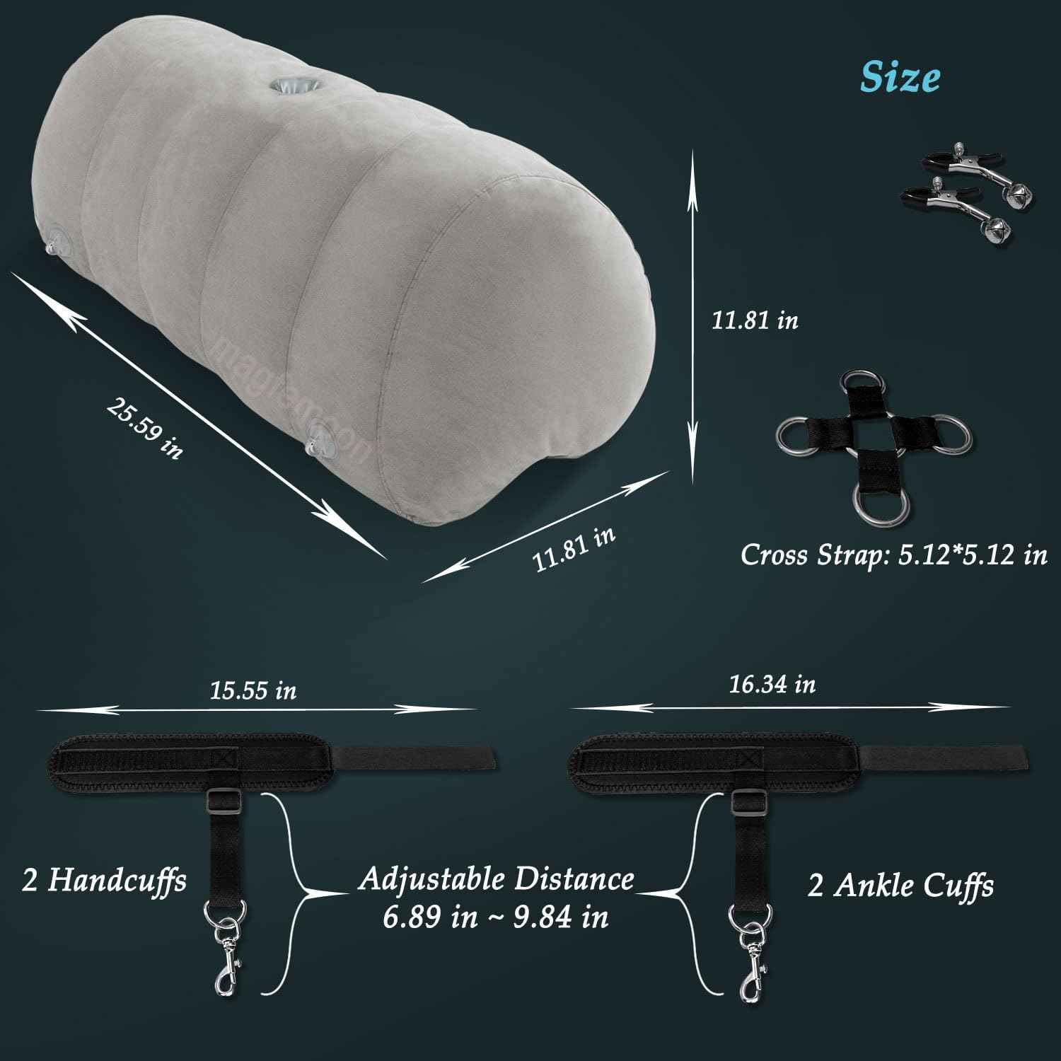 Sex Pillow Couples Sex Toys, Heart Shaped Inflatable Cushion Furniture for Bedroom Dildo Mount, Upsize Pillow with Bondage Cuffs, Cross Strap, Nipple Clamps BDSM Kit