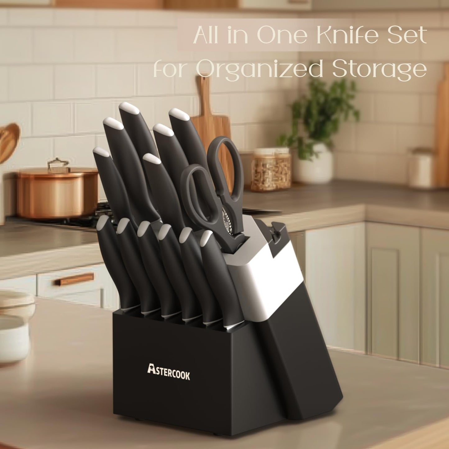 Astercook Knife Set Kitchen with Block and Sharpener 15 Pcs German Stainless Steel Knives Sharp Blade Dishwasher Safe Kitchen Utensils Set Deba Knives with Anti-slip Ergonomic Handle