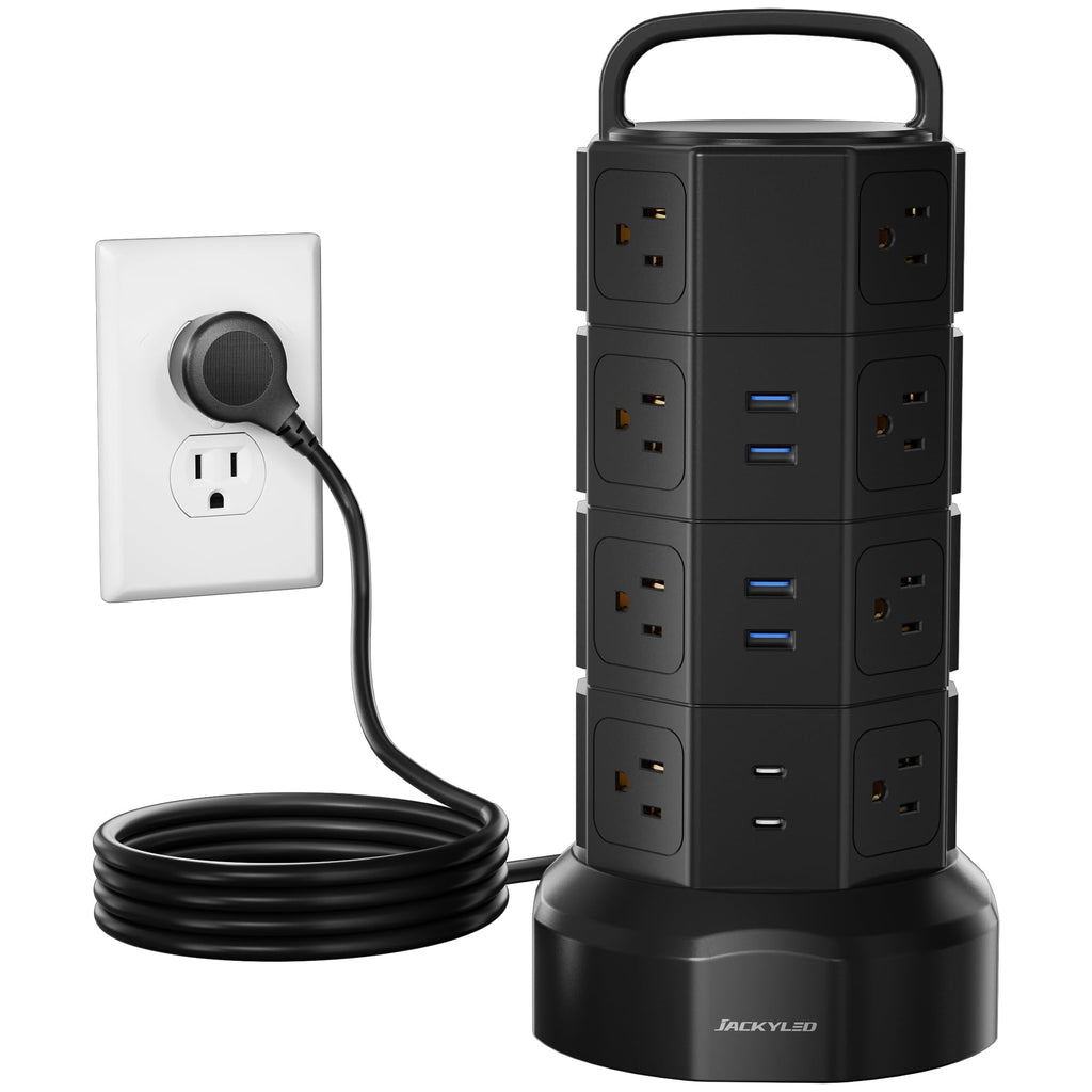 Power Strip Tower Surge Protector, JACKYLED 1625W 13A Outlet Surge Electric Tower, 12 Outlets 6 USB Ports Charging Station with 16AWG 6.5ft Heavy Duty Extension Cord for Home Office Dorm