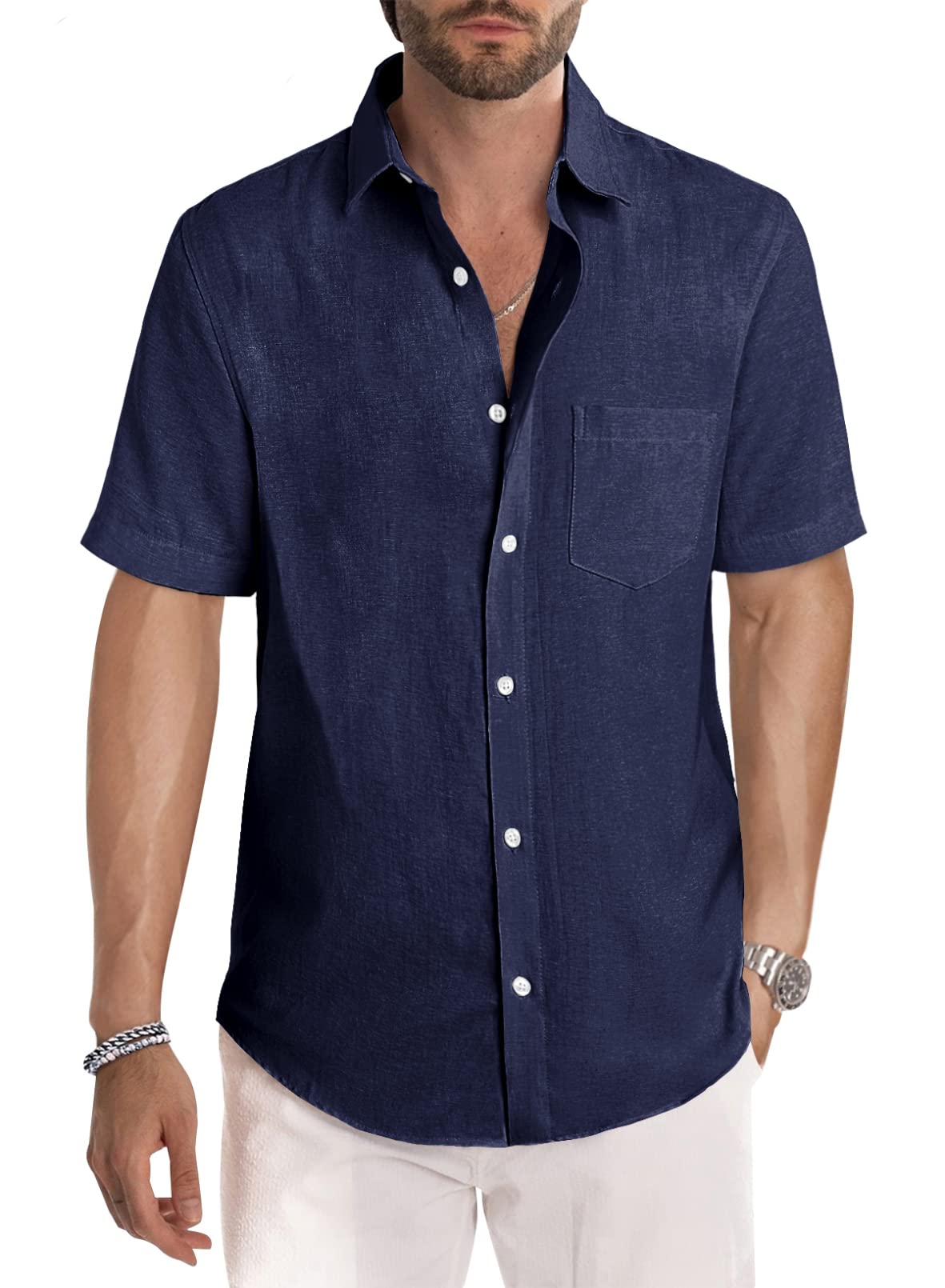 JMIERR Men's Casual Stylish Short Sleeve Button-Up Striped Dress Shirt Cotton Beach Shirts