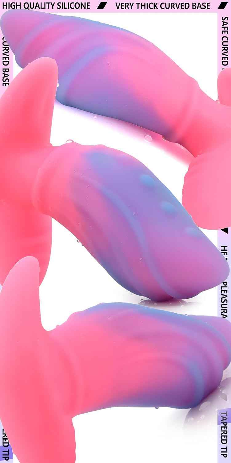 Anal Plug with Thick Curved Base - Pink + Blue Silicone Wearable Butt Plug Dilator - 4.41 x 1.3 Inch Anal Stretcher Fantasy Prostate Sex Toys for Men Women Masturbation