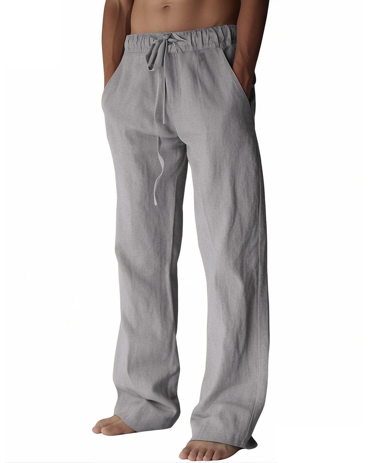 PIDOGYM Mens Cotton Linen Pants, Summer Beach Pants Casual Loose Fit with Elastic Waist Drawstring