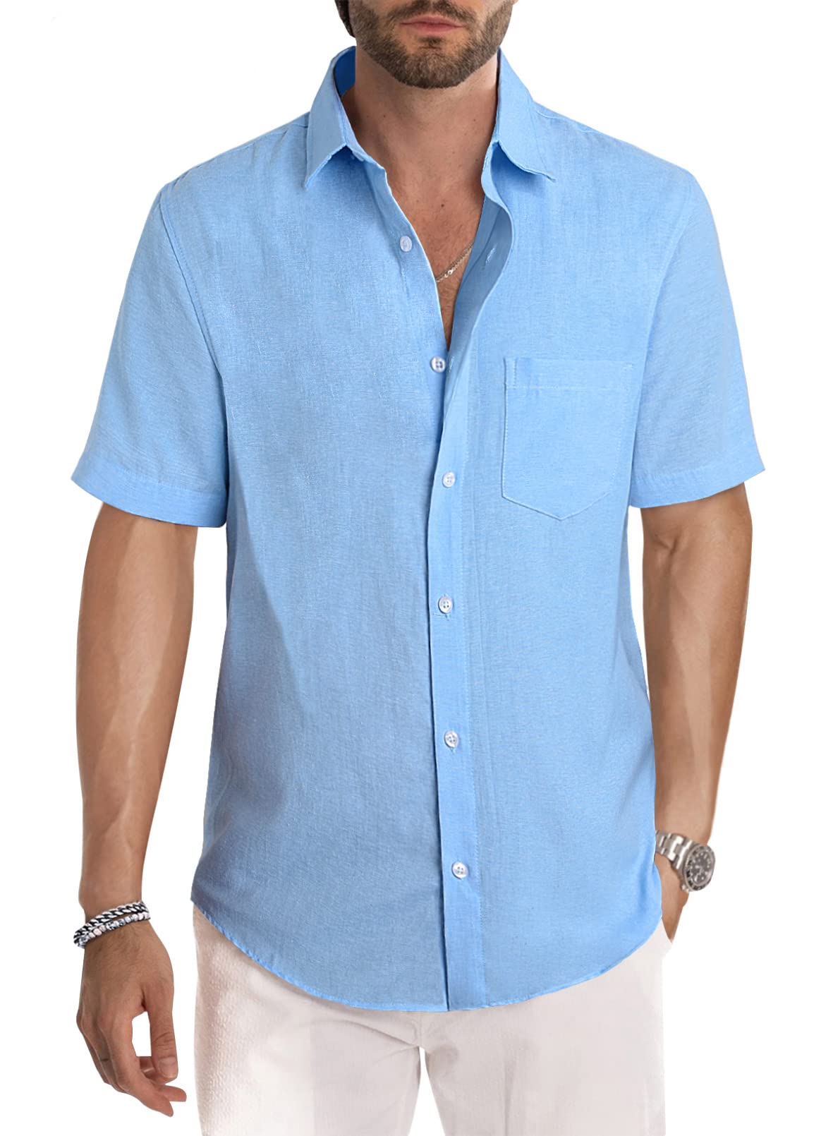 JMIERR Men's Casual Stylish Short Sleeve Button-Up Striped Dress Shirt Cotton Beach Shirts