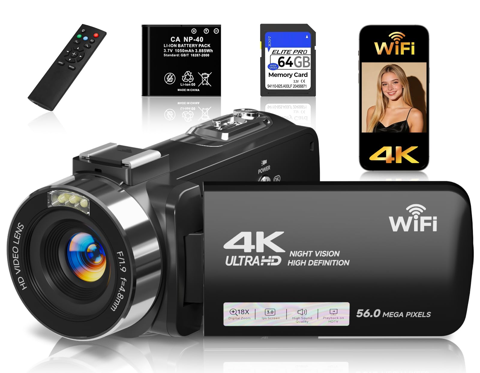 Gtonster Digital Camera,4K Video Camera Camcorder UHD 56MP WiFi Vlogging Cameras,18X Digital Zoom IR Night Vision 3.0''Touch Screen Cameras with 64GB Card,Remote Control,Webcam and Battery