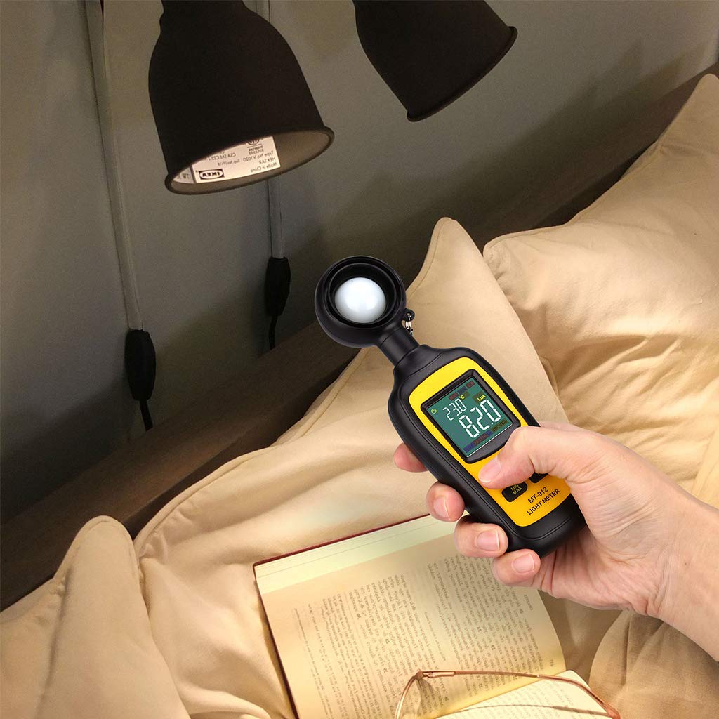 Light Meter Digital Illuminance Meter Handheld Ambient Temperature Measurer, Range up to 200,000 Lux, Luxmeter with 4 Digit Color LCD Screen