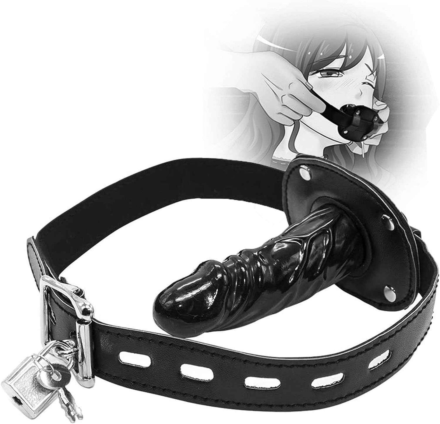 Dildo Gag SM Realistic Silicone Penis Mouth Ball Gag with Lock Adjustable Leather Bondage Restraints Straps for Adult Couples BDSM Sex Game Fantasy Mouth Sex Toy