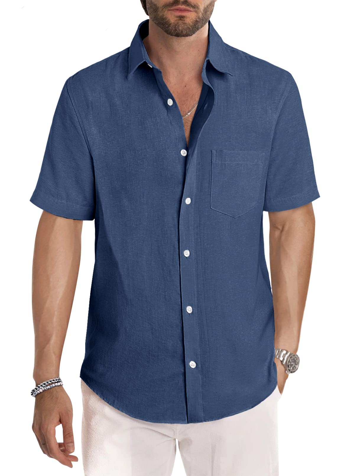 JMIERR Men's Casual Stylish Short Sleeve Button-Up Striped Dress Shirt Cotton Beach Shirts