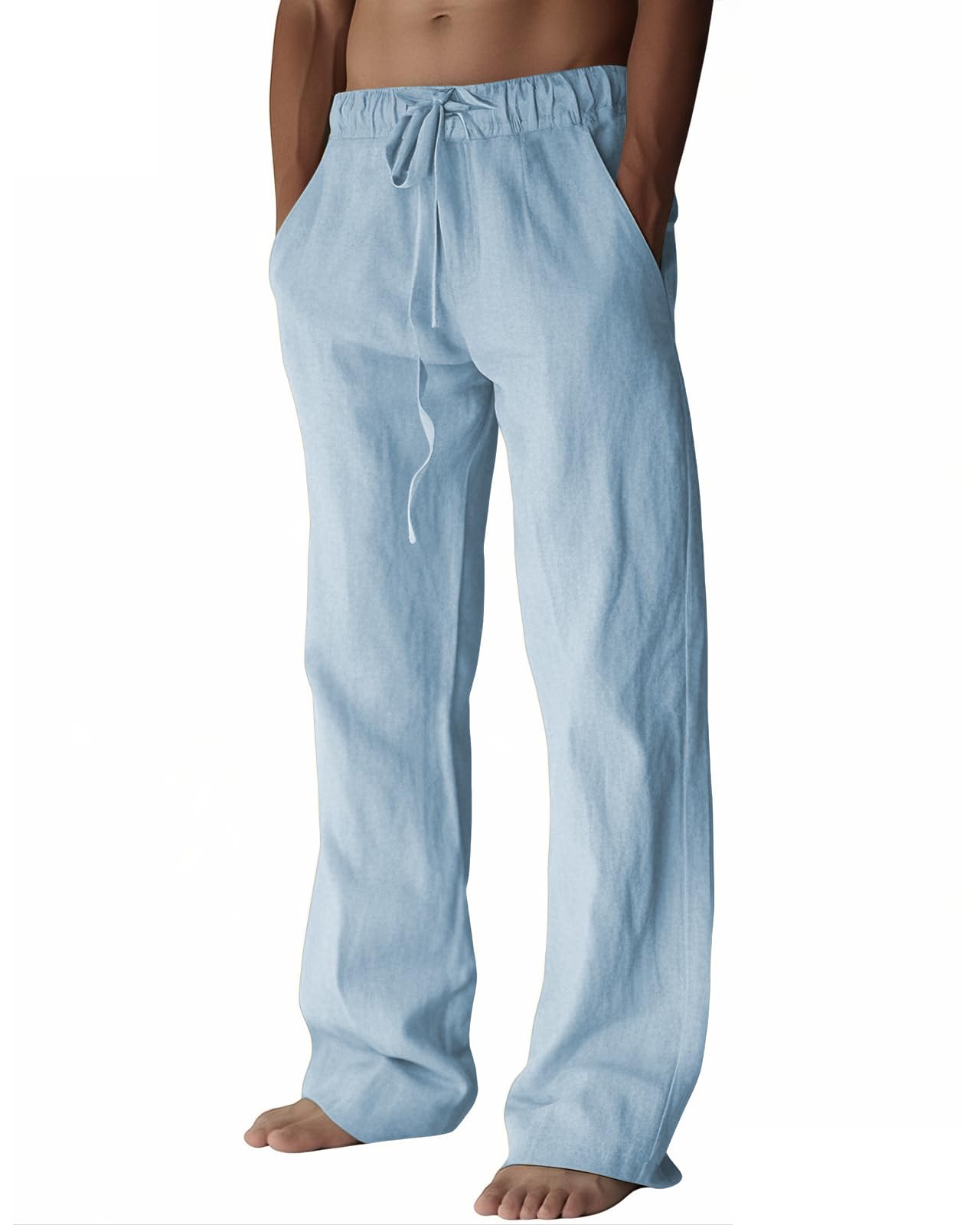 PIDOGYM Mens Cotton Linen Pants, Summer Beach Pants Casual Loose Fit with Elastic Waist Drawstring