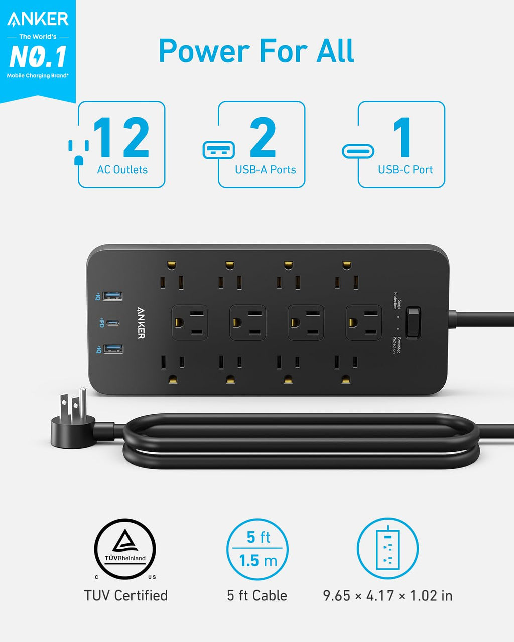 Surge Protector Power Strip (2100J)，Anker 12 Outlets with 1 USB C and 2 USB Ports ，for iPhone 15/15 Plus/15 Pro/15 Pro Max, Extension Cord, Flat Plug, 20W Charging.
