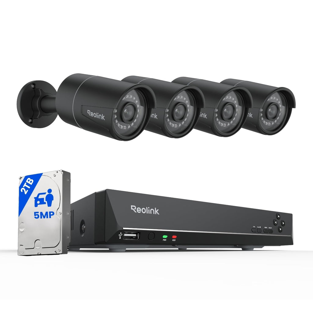 REOLINK 8CH 5MP Security Camera System, 4pcs Wired PoE Cameras for Home Security Outdoors, Smart Person Vehicle Detection, 4K 8CH NVR with 2TB HDD for 24-7 Recording, RLK8-410B4-5MP Series