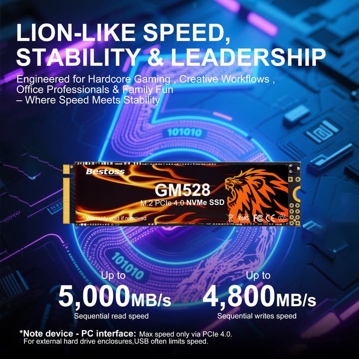 Bestoss GM528 M.2 SSD NVMe PCIe 2280 Internal Solid State Hard Drive, Up to 5000 MB/s, 3D NAND SLC Cache, SSD for Gaming PC Storage, Business Laptop, Home Entertainment, Creative Workflow