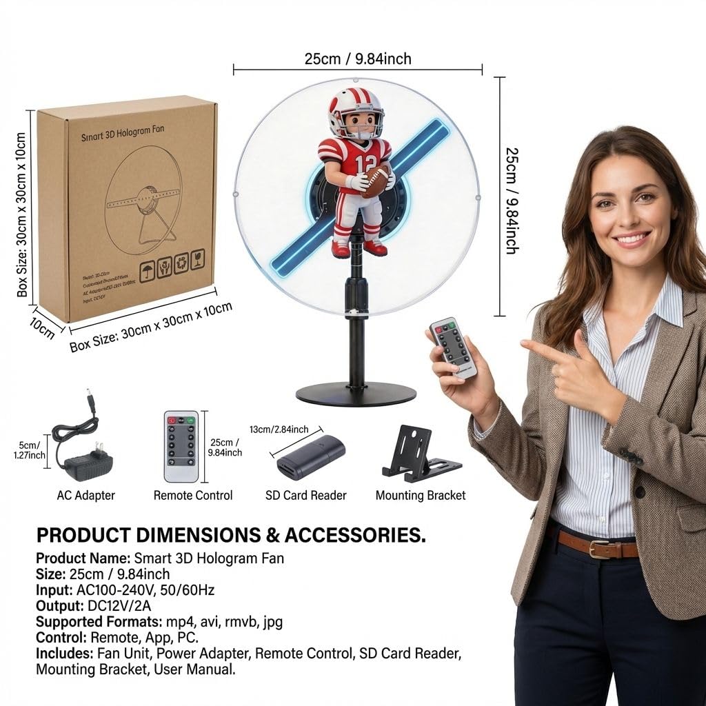 NAFLNE3D Hologram Fan With WiFi APP Control Holographic Display With High-Brightness LED, Adjustable Height, 1000-Video Library, Ideal For Trade Shows & Retai