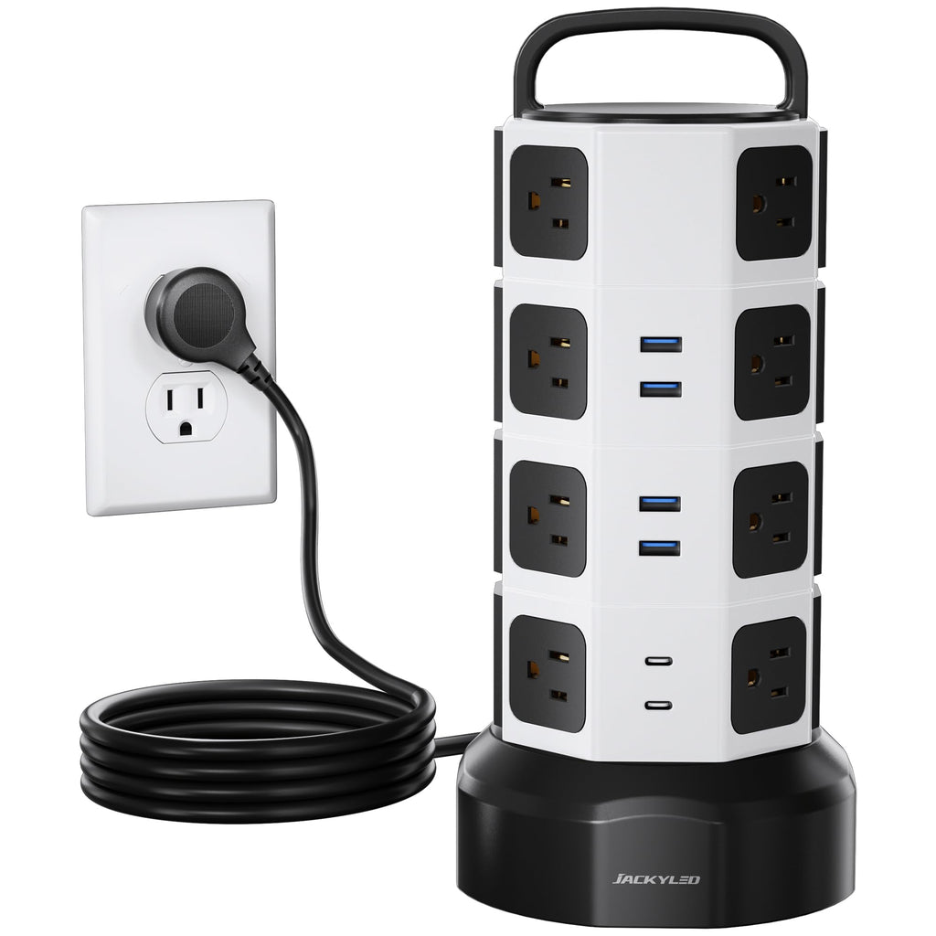 Power Strip Tower Surge Protector, JACKYLED 1625W 13A Outlet Surge Electric Tower, 12 Outlets 6 USB Ports Charging Station with 16AWG 6.5ft Heavy Duty Extension Cord for Home Office Dorm