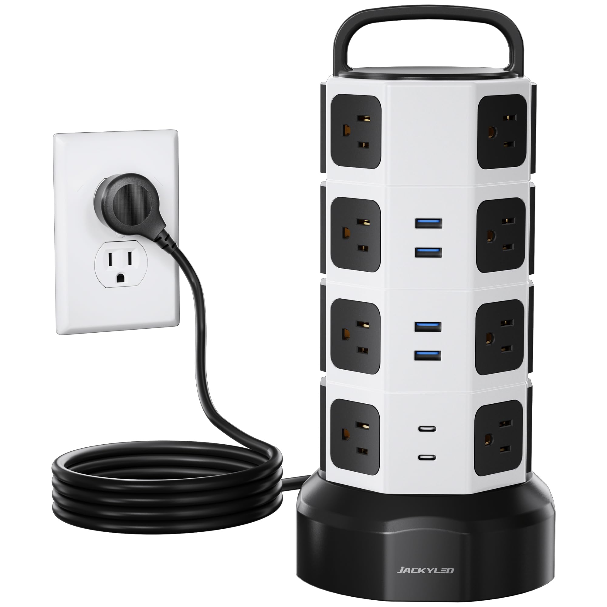 Power Strip Tower Surge Protector, JACKYLED 1625W 13A Outlet Surge Electric Tower, 12 Outlets 6 USB Ports Charging Station with 16AWG 6.5ft Heavy Duty Extension Cord for Home Office Dorm