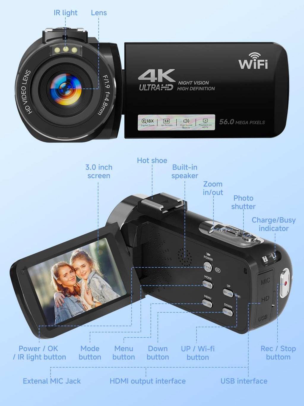 Gtonster Digital Camera,4K Video Camera Camcorder UHD 56MP WiFi Vlogging Cameras,18X Digital Zoom IR Night Vision 3.0''Touch Screen Cameras with 64GB Card,Remote Control,Webcam and Battery
