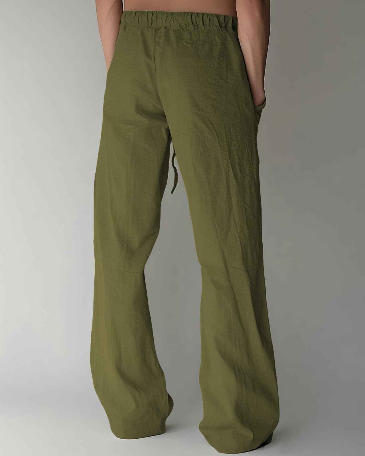 PIDOGYM Mens Cotton Linen Pants, Summer Beach Pants Casual Loose Fit with Elastic Waist Drawstring