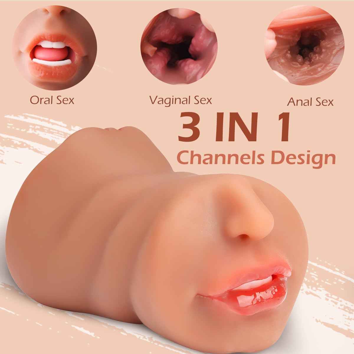 3 in 1 Pocket Pussy Male Masturbators with Lifelike Face, Sex Doll with Realistic Textured Mouth Vagina and Tight Anus, Masturbator Male Stroker Deep Throat Oral Adult Sex Toys for Men Pleasure(Brown)