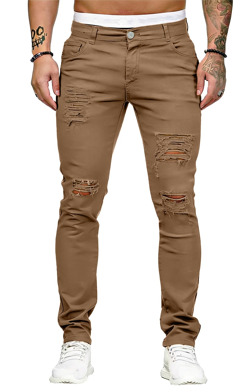 HUNGSON Men's Blue Slim Fit Jeans Stretch Destroyed Ripped Skinny Jeans Side Striped Denim Pants