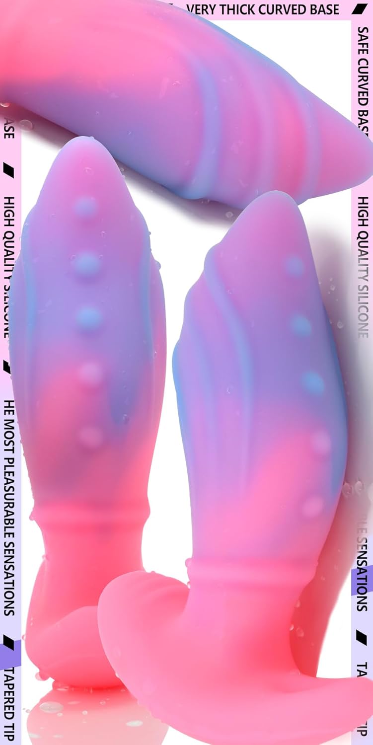 Anal Plug with Thick Curved Base - Pink + Blue Silicone Wearable Butt Plug Dilator - 4.41 x 1.3 Inch Anal Stretcher Fantasy Prostate Sex Toys for Men Women Masturbation