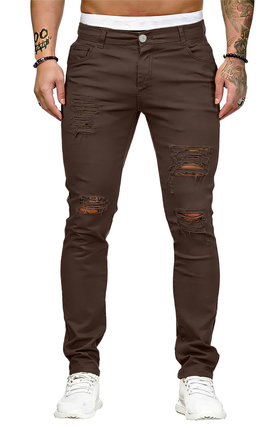 HUNGSON Men's Blue Slim Fit Jeans Stretch Destroyed Ripped Skinny Jeans Side Striped Denim Pants
